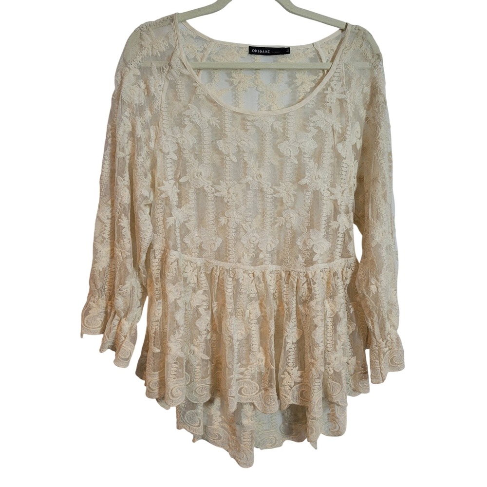 Origami by Vivien Cream Floral Lace Peplum Top Long Sleeve Ruffle M Ethereal